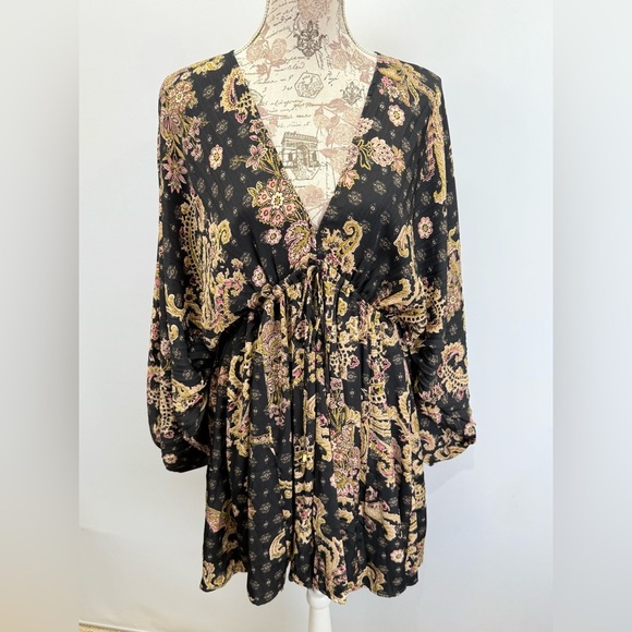 FREE PEOPLE Black and tan print ARZEL double V neckline mini dress size M - Picture 2 of 15